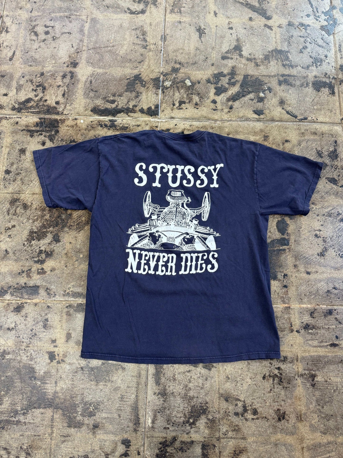 STUSSY NEVER DIES NAVY BLUE TEE (USED)