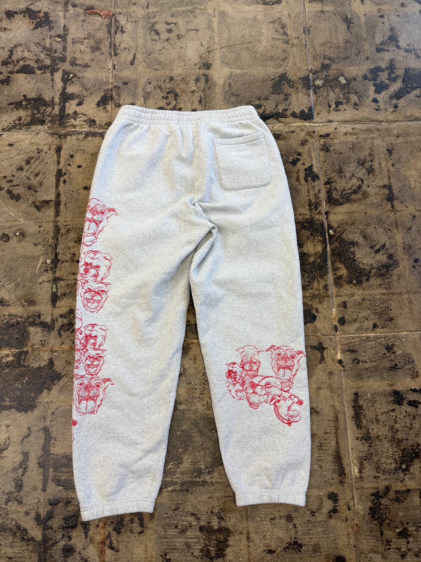 SUPREME PITBULLS EMBROIDERED GREY SWEAT PANTS (USED)
