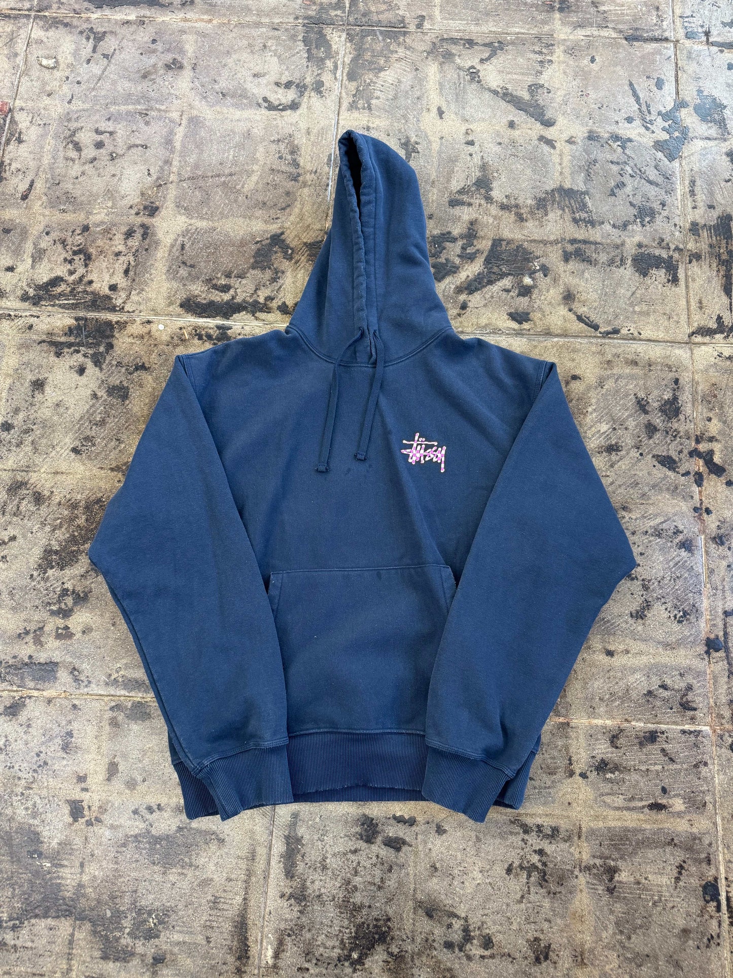 STUSSY CHECKER STOCK NAVY HOODIE (USED)