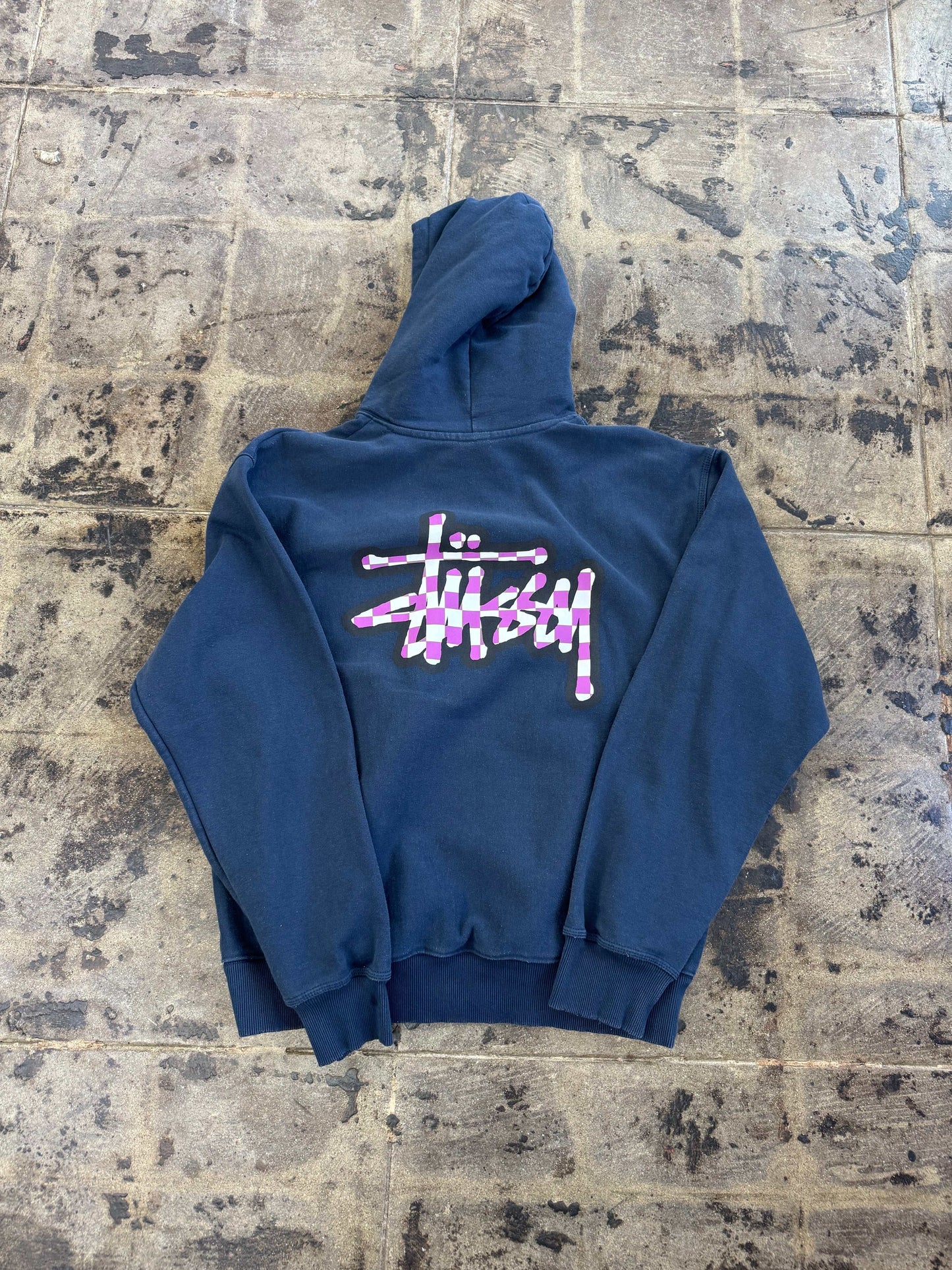 STUSSY CHECKER STOCK NAVY HOODIE (USED)