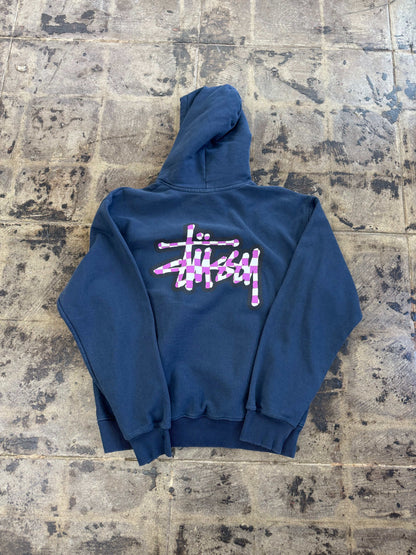 STUSSY CHECKER STOCK NAVY HOODIE (USED)