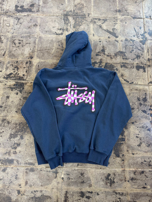 STUSSY CHECKER STOCK NAVY HOODIE (USED)