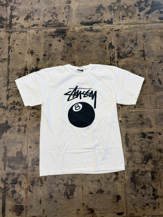 STUSSY 8 BALL WHITE TEE (USED)
