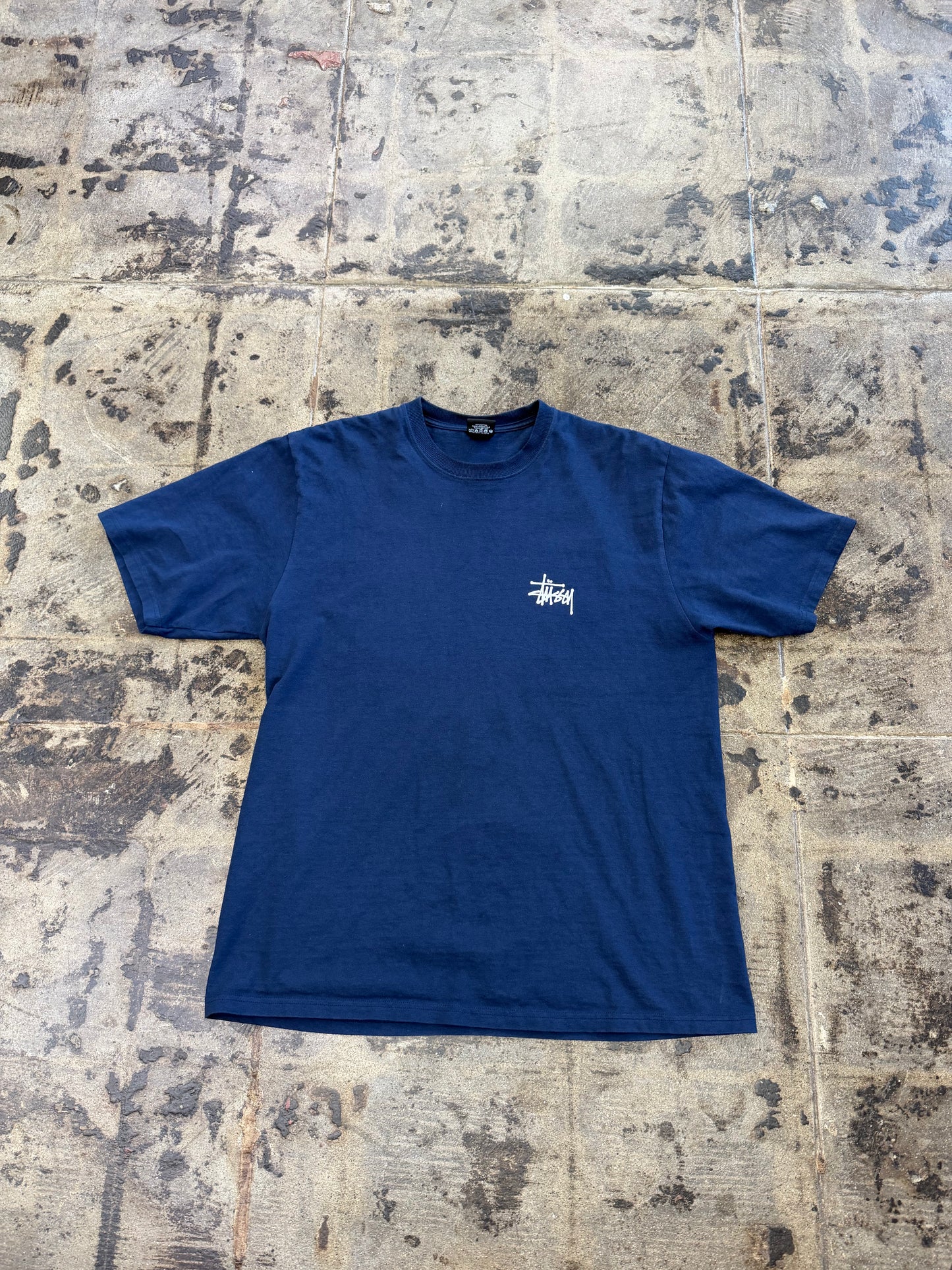 STUSSY BASIC SCRIPT NAVY TEE (USED)