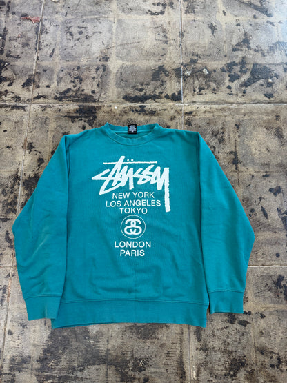 STUSSY WORLD TOUR TEAL CREWNECK (USED)