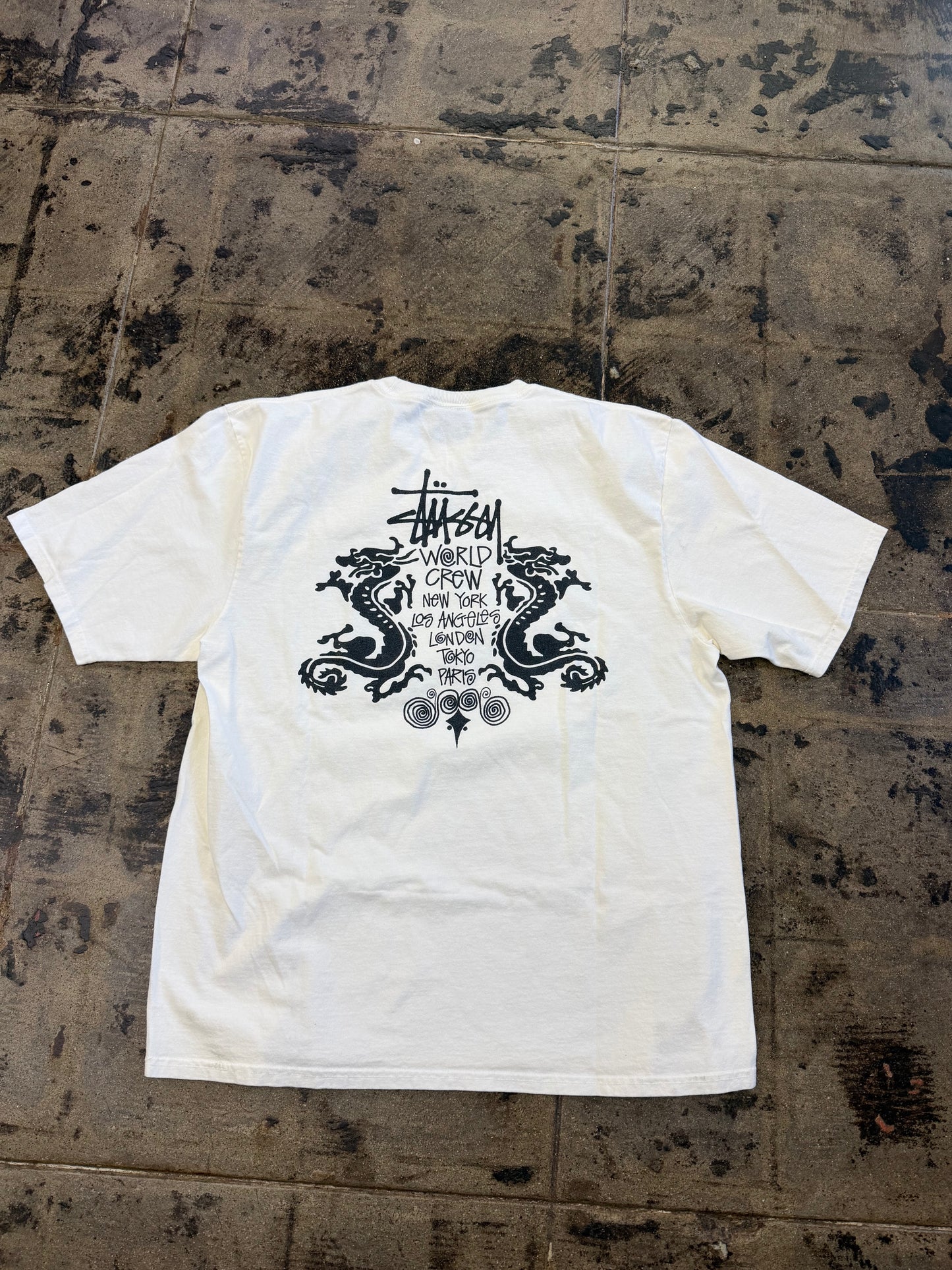 STUSSY DOUBLE DRAGON CREAM TEE (USED)