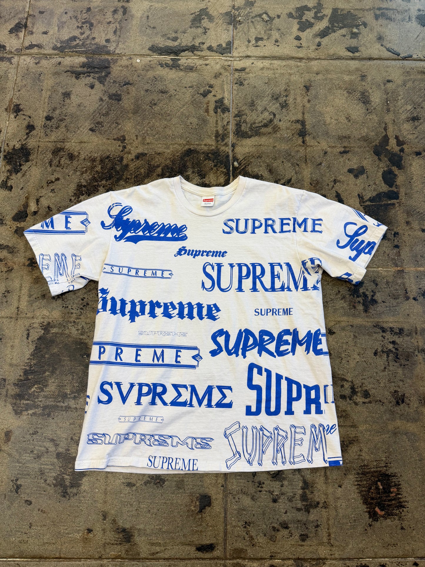SUPREME MULTI LOGO WHT/BLUE TEE (USED)